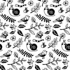 Obraz premium pattern of cute insects and plants, the doodle is flat. Butterfly, bird, ladybug, bee, snail, worm in the branches. Vector illustration, texture on white. Seamless insect and bird packaging monochrome
