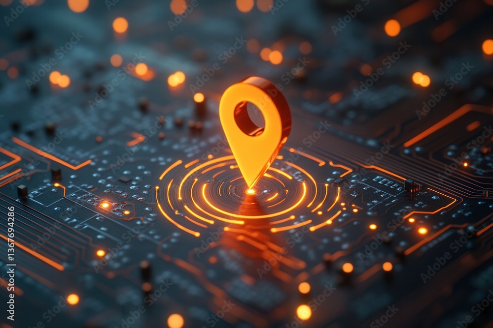 Poster glowing orange location pin marker on a digital circuit board with concentric circles, highlighting 