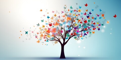 Abstract tree with colorful butterflies flying out of it on a light blue background, vector illustration. Concept for creativity and inspiration in business design or education. bokeh background