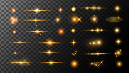 Stars in space. Sparkle Gold bokeh. Luxury background. Golden Realistic flares. Glowing effects light or sunlight reflection from lens. Isolated glints set. Sparkle glares.Vector shimmering elements