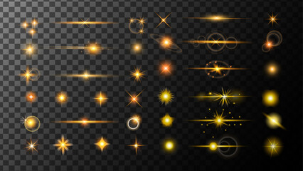  Spark spot light special effect design. Realistic flares. Glowing effects light or sunlight reflection from lens. Stars in space. Isolated glints set. Sparkle glares.Vector shimmering elements