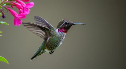 Fototapeta premium Hummingbird in Flight Near Vibrant Pink Flowers Against a Soft Background