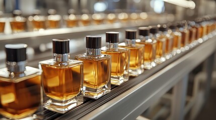 High-End Fragrance Production Line in a Modern Factory Setting with Bottles on Conveyer Belt