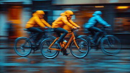 Cyclists wear bright yellow and blue jackets while racing through rain-soaked city streets