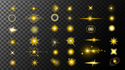 Set Golden stars.Special Light Glow Effect. Realistic flares. Flash Glowing effects Shine, Dust, Sparks, Explosions, Curved Swirls, Solar Flare, Glitter, Stars, Wind Glare, and Light Motion Elements.