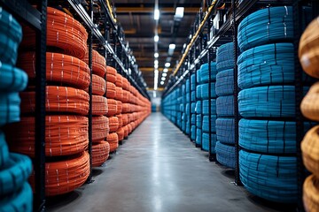 Rows of fiber optic cable spools in warehouse.
