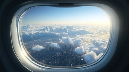 "Airplane Window View of the Cityscape and Mountains, Capturing the Contrast Between Urban Landscape and Natural Scenery from Above"


