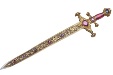 This stunning sword features a beautifully embellished hilt adorned with colorful gemstones isolated on transparent background