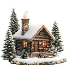 Small Wooden Chalet with Smoke Isolated on Transparent Background