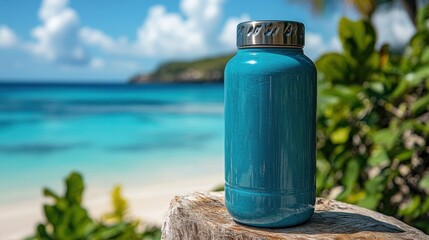Obraz premium Refreshing Beverages in Stylish Turquoise Bottles on Bright Background