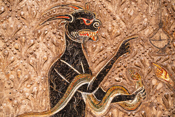 devil with a snake in his arms, Altar of Ix, 12th century, tempera and remains of colored metal...