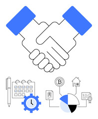 Handshake representing business agreement above calendar, Bitcoin, house, pie chart, and clock. Ideal for finance, teamwork, contracts investment planning productivity partnerships. Flat simple