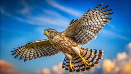 Fototapeta premium Levant Sparrowhawk in Flight, Rare Bird of Prey, Accipiter brevipes, Wildlife Photography, Blue Sky