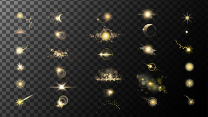 Golden Realistic flares. Gold Flash. Glowing effects light or sunlight reflection from lens. Stars in space. Isolated glints set. Sparkle glares.Vector shimmering elements.Gold sun.