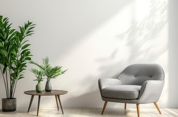 Arranging Gray Armchair with Round Table and Plants in Bright Room