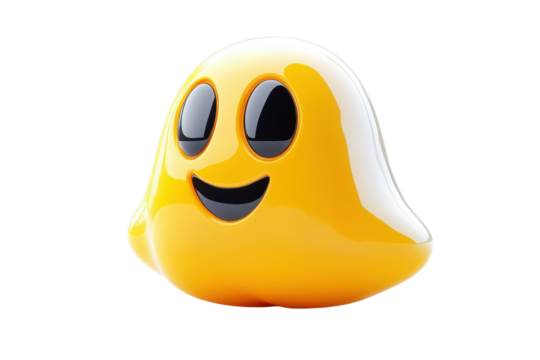 A Cheerful, Mischievous Ghost Emoticon Beams Playfully Against A Stark Isolated on Transparent Background Showcasing Its Glossy, 3d Design
