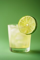 Refreshing Lime Drink in a Transparent Glass with Ice Cubes and Lime Slices. Light Green Background for a Cool Summer Feeling