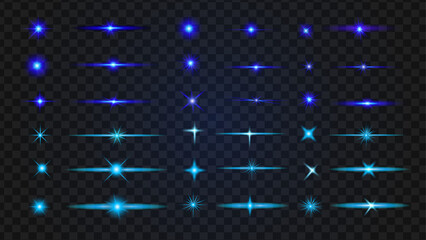 Realistic flares. Blue Flash. Glowing effects. Glowing effects light or sunlight reflection from lens. Stars in space. Isolated glints set. Sparkle glares.Vector shimmering elements