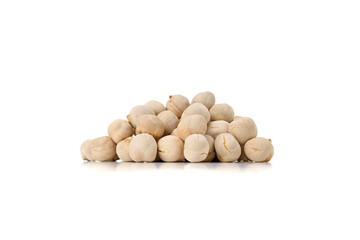 Heap of salted chickpeas isolated on white background. Image taken with tilt and shift lens to achieve corner to corner sharpness