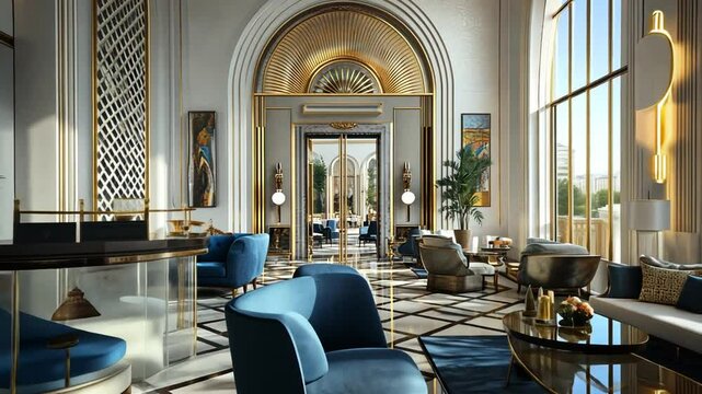 Luxurious hotel lobby with elegant furniture and modern design for luxurious living