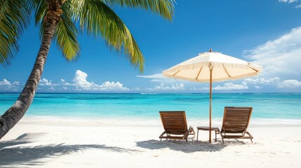 Tropical Beach Paradise: Two Lounge Chairs Under a Beach Umbrella