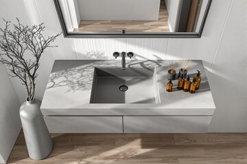 Stylish bathroom interior with gray sink and countertop, amber dispensers and reeds, minimalist decor and natural light on wooden floor. Ai generative