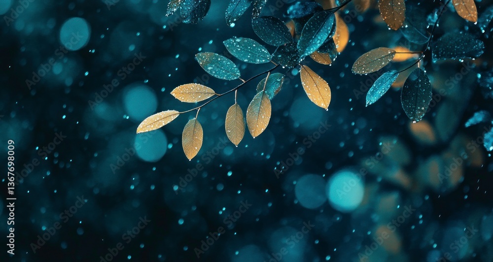 Poster branch leaves with water droplets and soft bokeh background in autumn