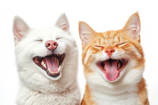 Close-up of a laughing ginger cat and white dog with wide smiles and closed eyes, full of joy