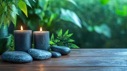 Lit candles arranged peacefully on flat stones create a restful ambiance that promotes serenity and meditation : Stock