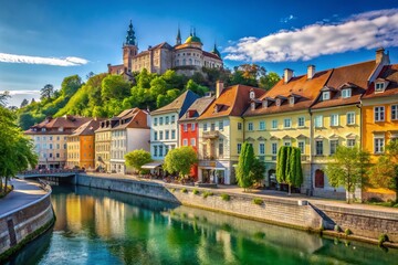 Obraz premium Ljubljana Slovenia Cityscape: Colorful Buildings, Ljubljanica River & Castle