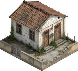 Dilapidated house in slum with broken walls and rusted roof.