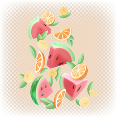 3D composition of watermelon, orange, banana and mint pieces. Vector cartoon stylized illustration.