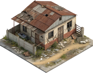 Dilapidated house in slum with broken walls and rusted roof.