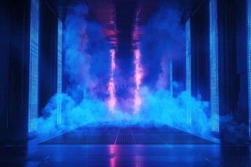 cyberpunk data center engulfed in electric blue flames binary code rising like smoke neon reflections on chrome surfaces