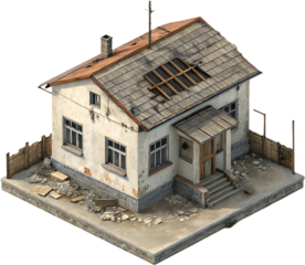 Dilapidated house in slum with broken walls and rusted roof.