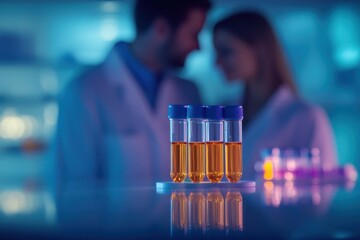 Scientists conducting research in a laboratory with test tubes filled with liquid samples