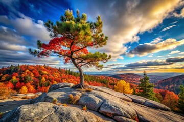 Lonely Pine Tree on Rocky Slope, Autumn Landscape, Blue Sky Background - Stock Photo