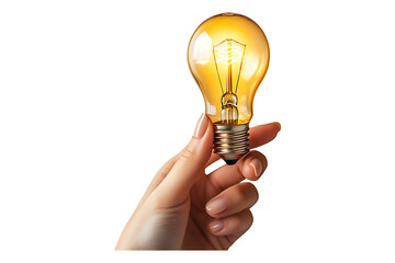 Hand holding a glowing light bulb representing Isolated on White and Transparent Background PNG Image.