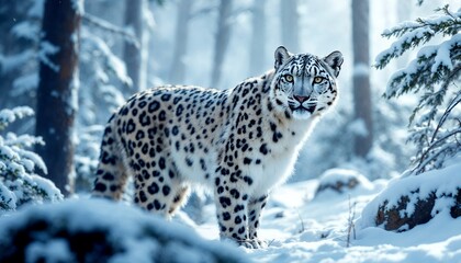 Snow Leopard in Winter Forest Landscape