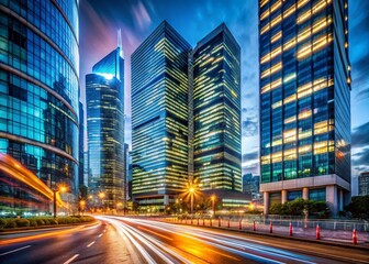 Fototapeta premium Long Exposure Cityscape: Modern Business Center at Night
