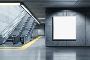 Obraz premium Subway Station Interior with Escalator and Blank Billboard Advertisement Space