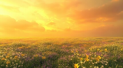 Obraz premium A vibrant field of wildflowers under a golden sunset sky.