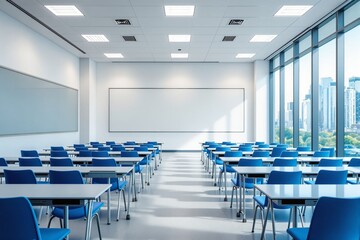 Contemporary classroom interior with rows of blue chairs and desks, minimalistic style, large windows with urban view, concept of modern education. Ai generative