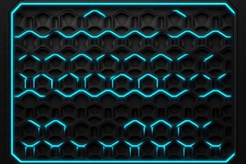 cyberpunk hexagonal grid pattern with glowing neon blue edges on deep black background 3d tech aesthetic