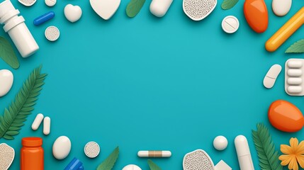 World Cancer Day inspires research and better care. Colorful arrangement of pills and capsules on a blue background.