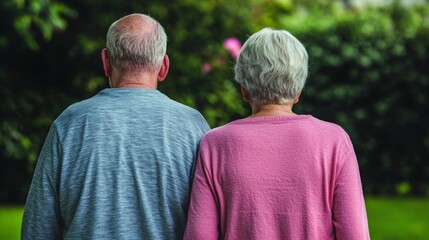 World Cancer Day inspires research and better care. Elderly couple standing together, enjoying a peaceful moment outdoors.