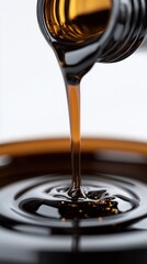 Close-up of thick dark syrup pouring from bottle into a shiny metal container