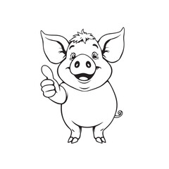 Continuous one black line art drawing a pig giving a thumbs up design vector.