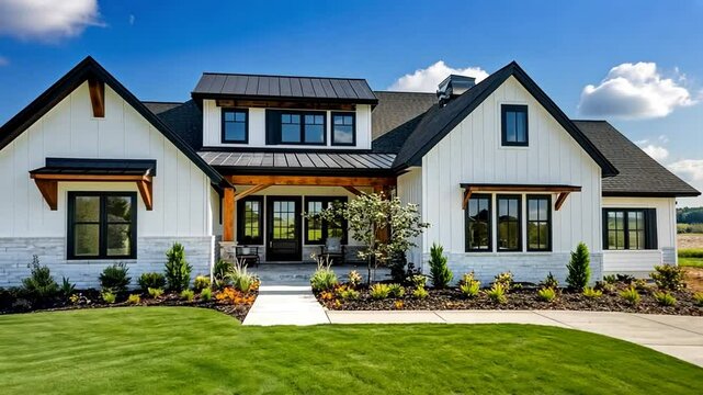 Modern Farmhouse Exterior with White Walls and Black Trim