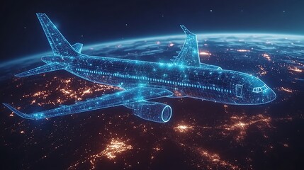 Futuristic airplane digital model over Earth.